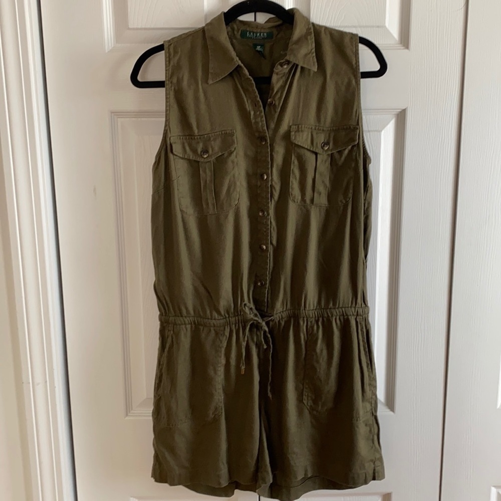 Ralph Lauren Army Green Linen Blend Shorts Romper Size 12 Petite - Picture 2 of 12